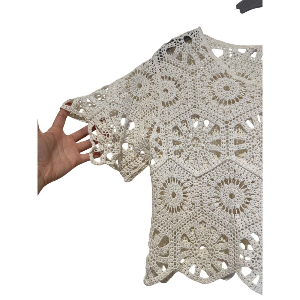 White Crochet Short Sleeve Crop Top Sz M Unbranded - Picture 3 of 6